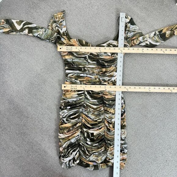 Zara Sheath Dress Marbled Ruched Draped Tulle Mini Khaki Green Orange Small - Picture 15 of 16
